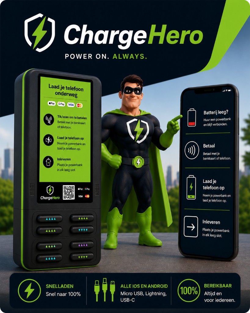 ChargeHero station, powerbank en superheld-mascotte