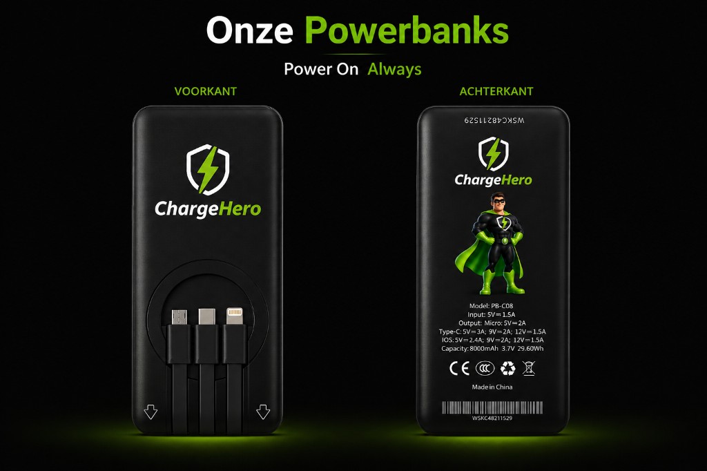 ChargeHero powerbank voorkant en achterkant met USB-C, Lightning en Micro USB, model PB-C08, 8000 mAh
