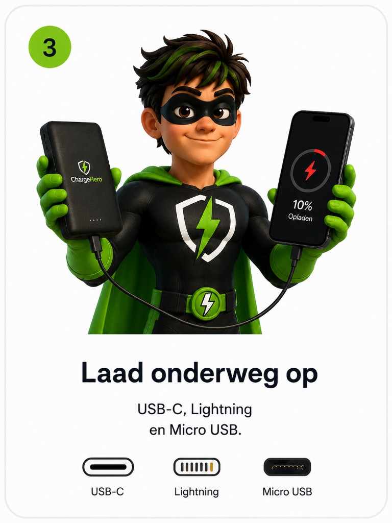Stap 3: Laad onderweg op met USB-C, Lightning en Micro USB.